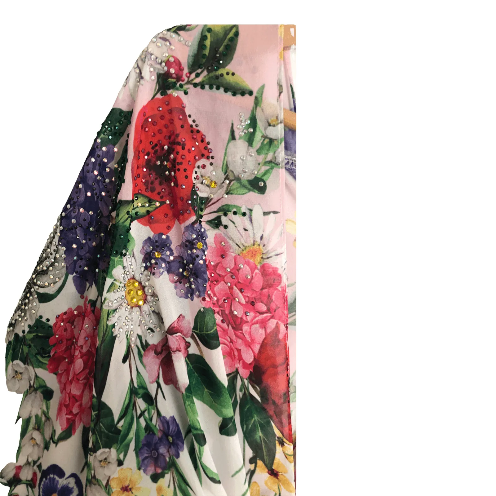 Genese of London  Sleeveless Kaftan Maxi Dress White Floral Print w/ Swarovski Beads w Belt UK S/M