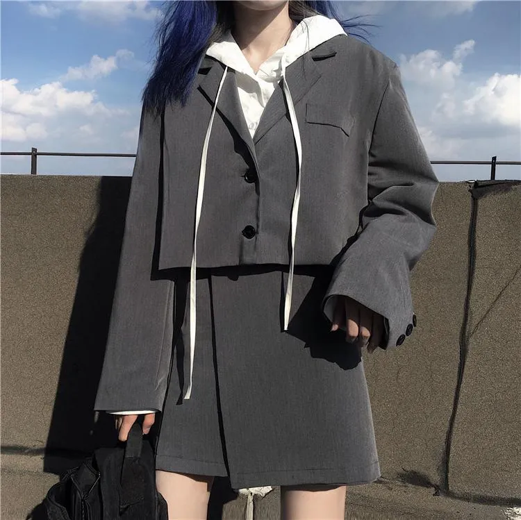 Gray Black Casual Suit Jacket   Irregular Skirt