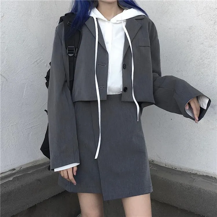 Gray Black Casual Suit Jacket   Irregular Skirt