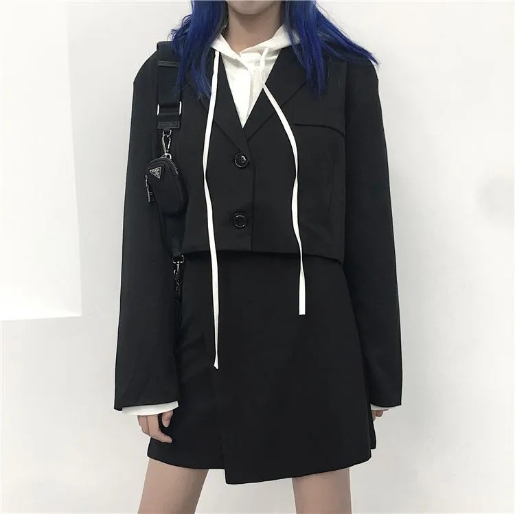 Gray Black Casual Suit Jacket   Irregular Skirt