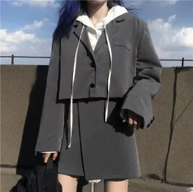 Gray Black Casual Suit Jacket   Irregular Skirt