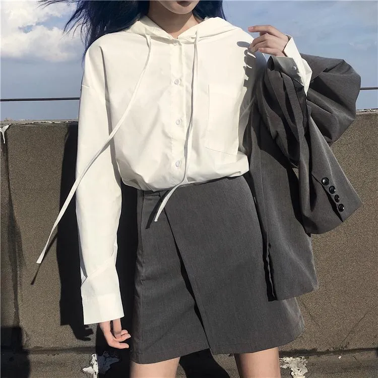 Gray Black Casual Suit Jacket   Irregular Skirt