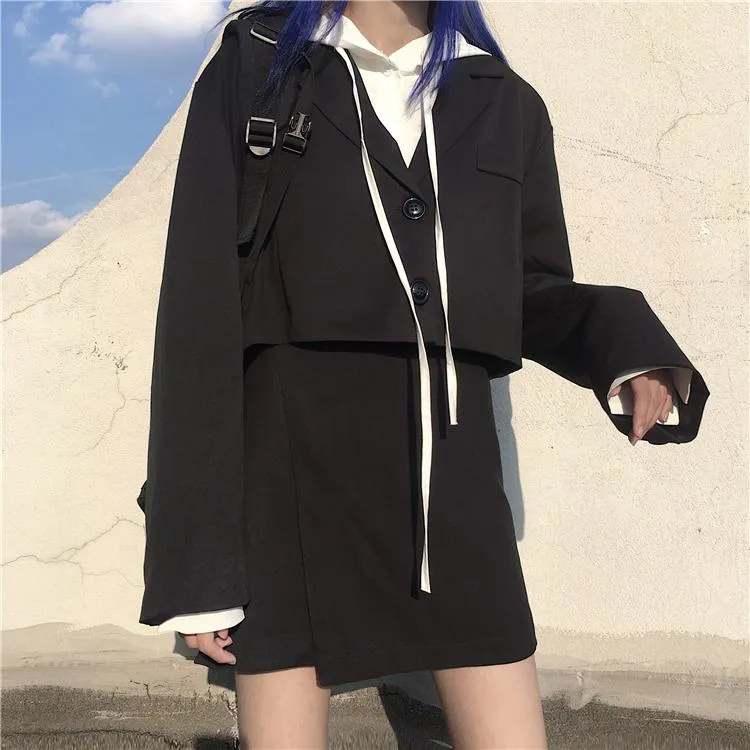 Gray Black Casual Suit Jacket   Irregular Skirt