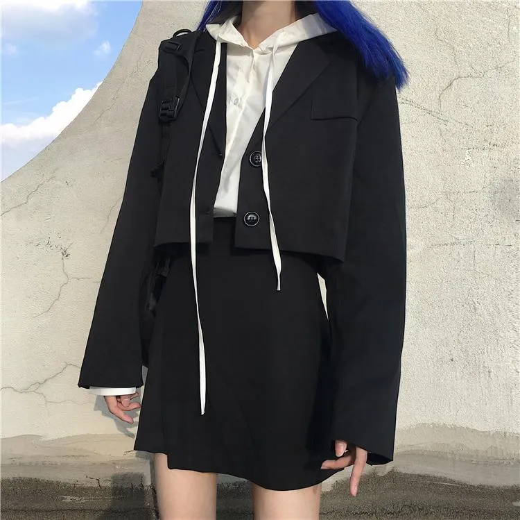 Gray Black Casual Suit Jacket   Irregular Skirt