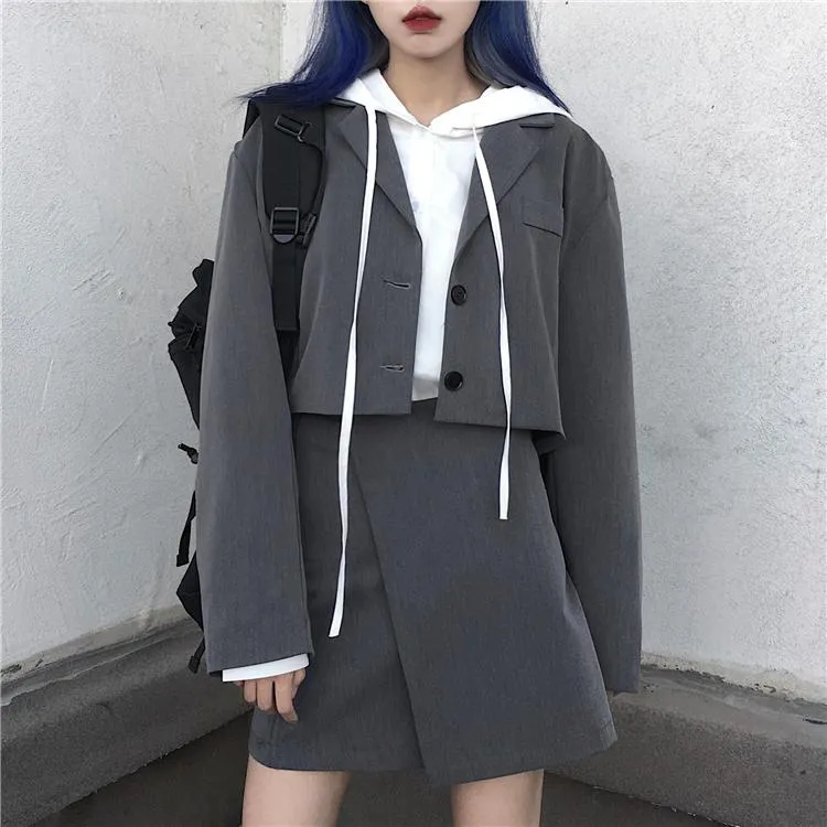 Gray Black Casual Suit Jacket   Irregular Skirt