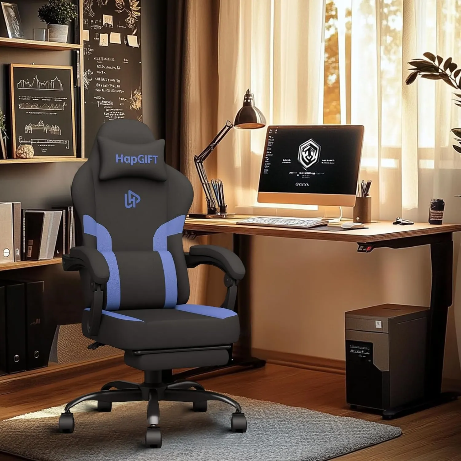 HapGIFT Gaming Chair, Gaming Chairs for Adults with Massage Lumbar Support, Headrest, Ergonomic Technical Fabric Computer Chair, High Back Gamer Chair with Wide Cushion, Footrest, 300LBS (Black-Blue)