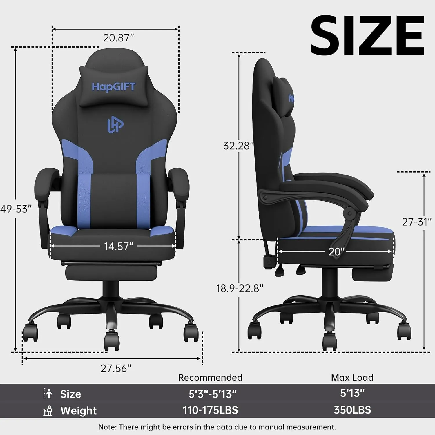 HapGIFT Gaming Chair, Gaming Chairs for Adults with Massage Lumbar Support, Headrest, Ergonomic Technical Fabric Computer Chair, High Back Gamer Chair with Wide Cushion, Footrest, 300LBS (Black-Blue)