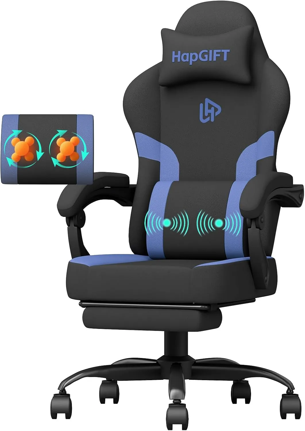 HapGIFT Gaming Chair, Gaming Chairs for Adults with Massage Lumbar Support, Headrest, Ergonomic Technical Fabric Computer Chair, High Back Gamer Chair with Wide Cushion, Footrest, 300LBS (Black-Blue)