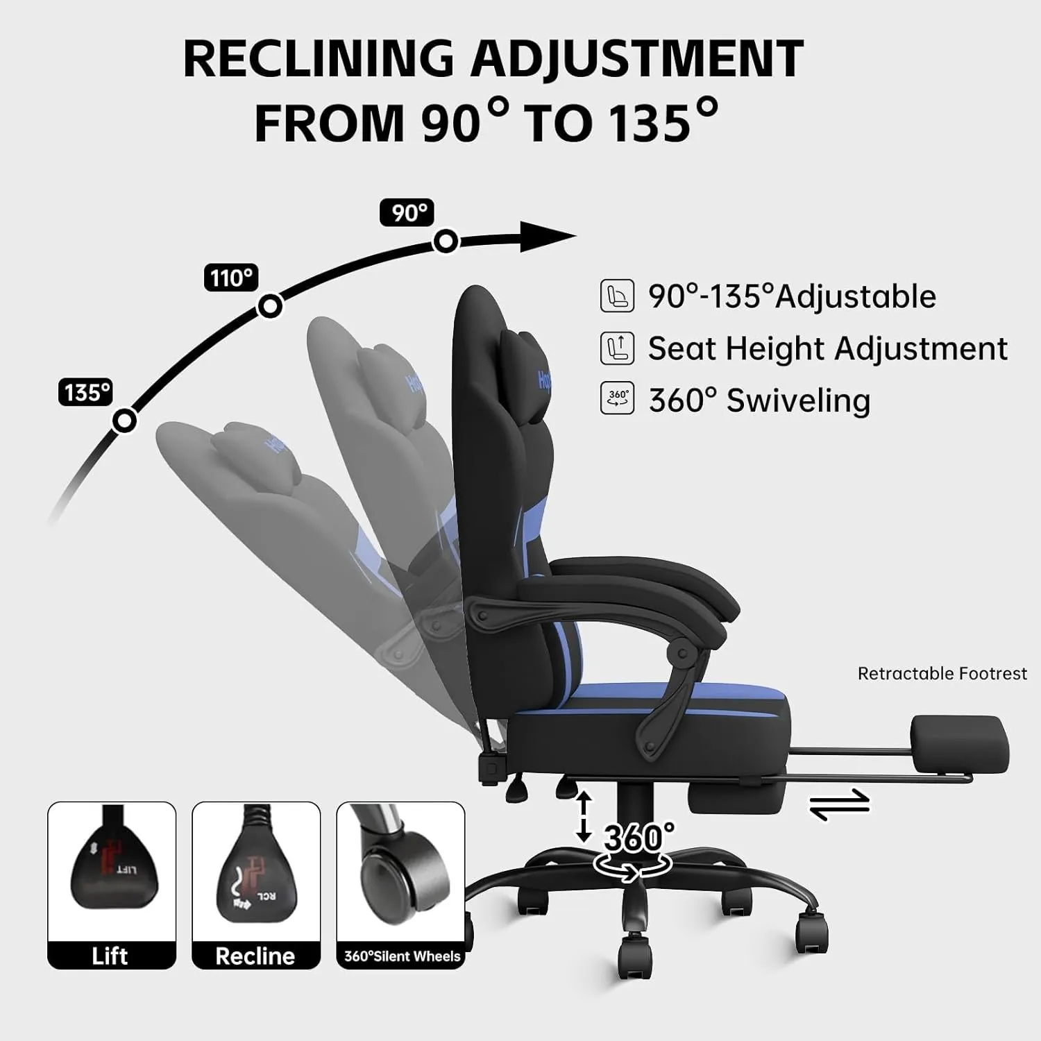 HapGIFT Gaming Chair, Gaming Chairs for Adults with Massage Lumbar Support, Headrest, Ergonomic Technical Fabric Computer Chair, High Back Gamer Chair with Wide Cushion, Footrest, 300LBS (Black-Blue)