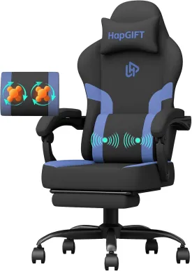 HapGIFT Gaming Chair, Gaming Chairs for Adults with Massage Lumbar Support, Headrest, Ergonomic Technical Fabric Computer Chair, High Back Gamer Chair with Wide Cushion, Footrest, 300LBS (Black-Blue)