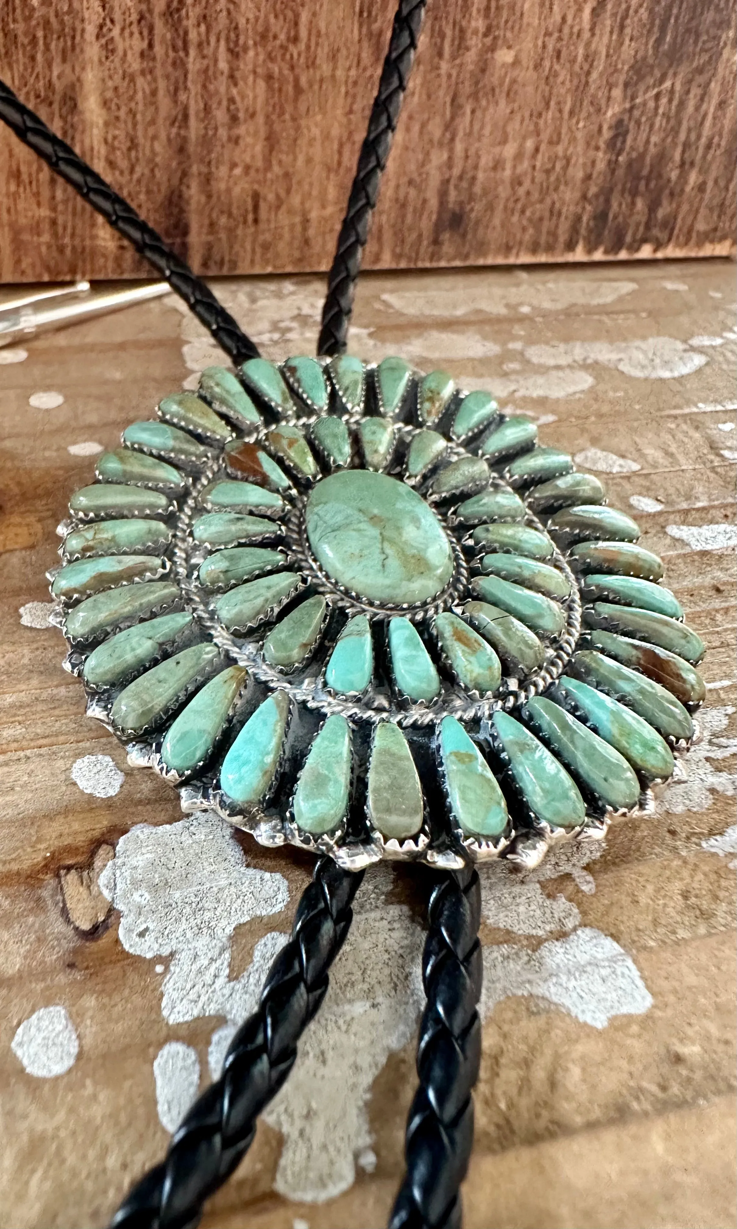 HERE COMES The Sun Green Turquoise Silver Bolo Tie