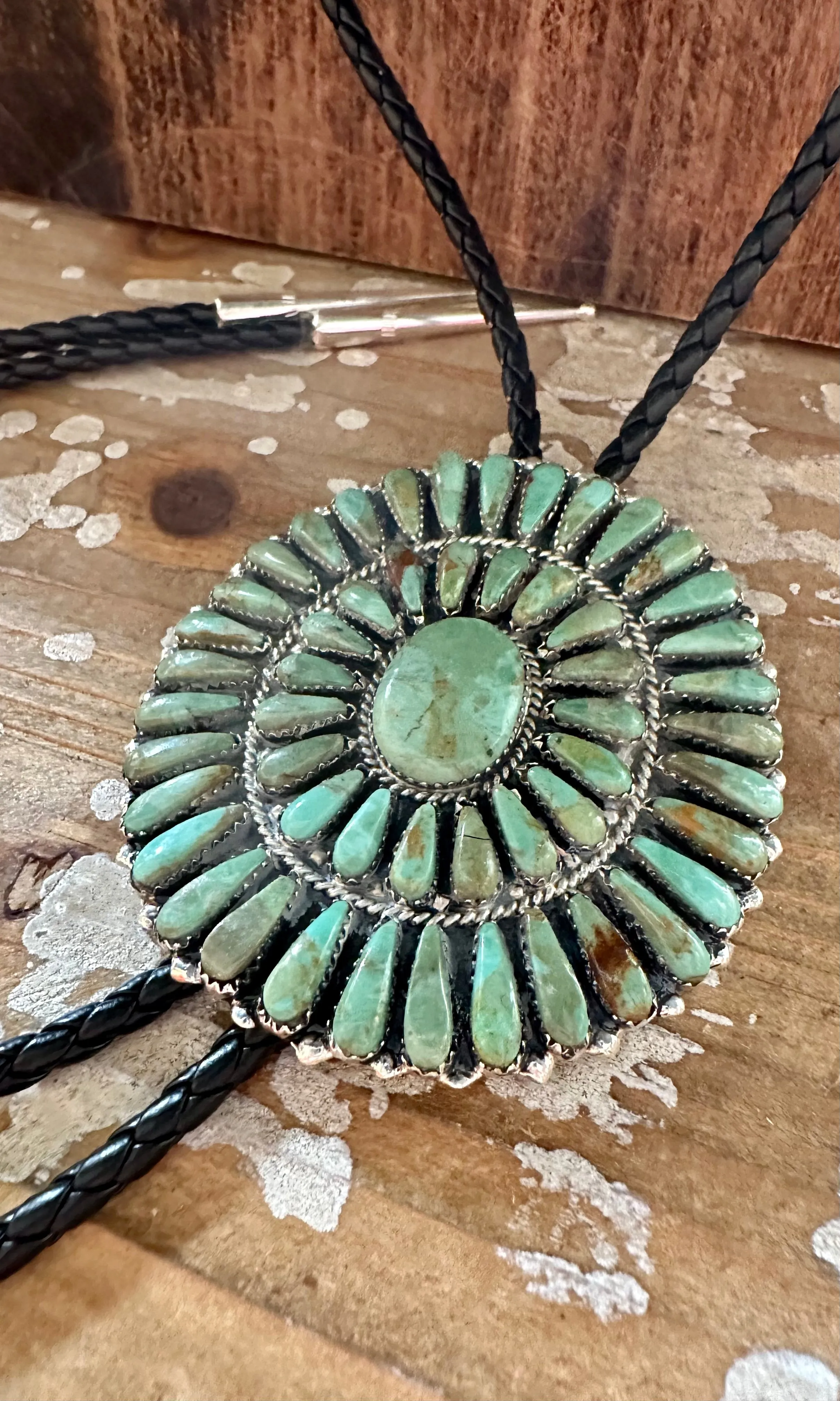HERE COMES The Sun Green Turquoise Silver Bolo Tie