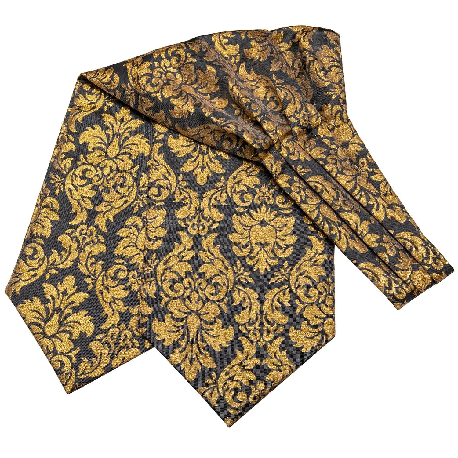 Hi-Tie Black Golden Floral Ascot Tie Pocket Square Cufflinks Set