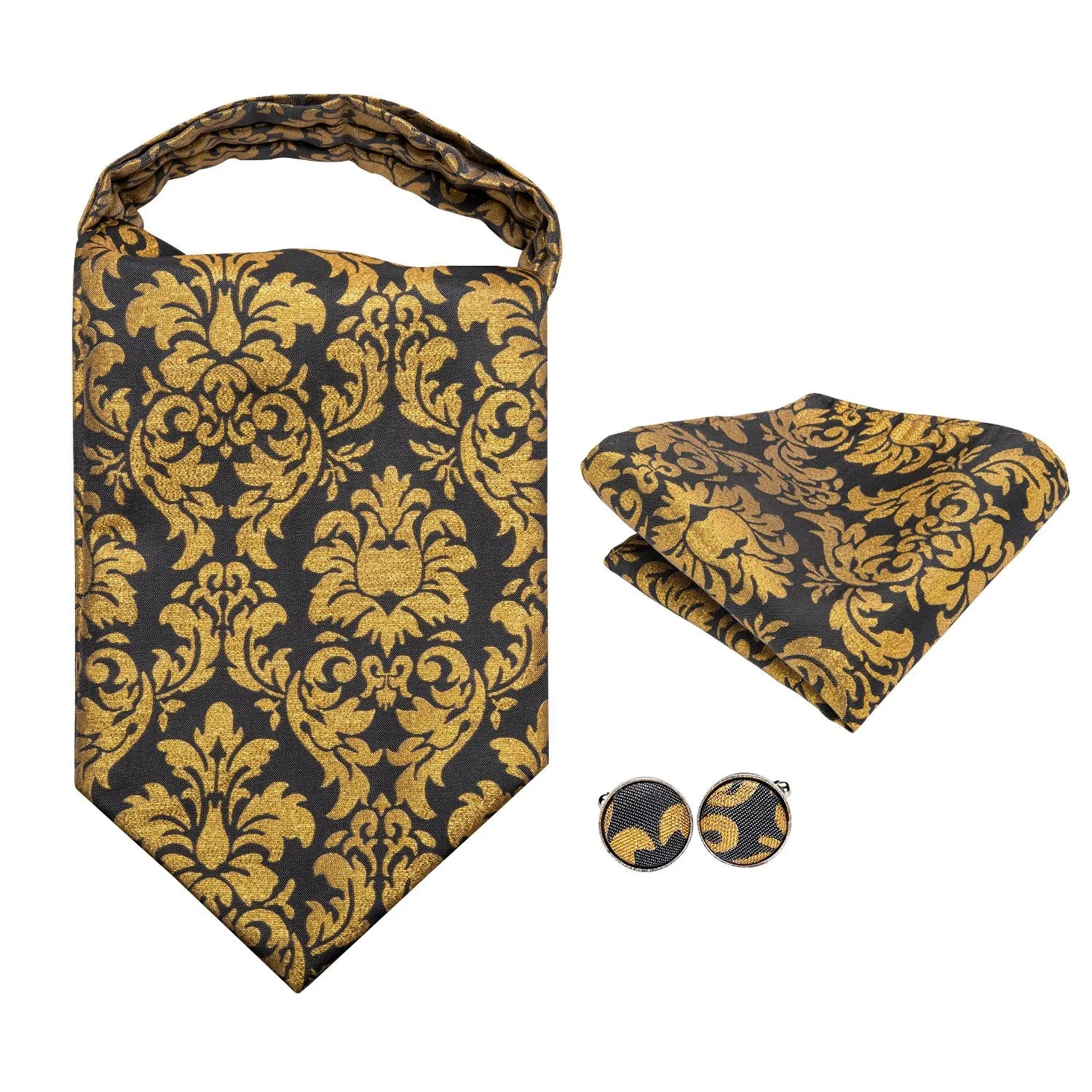 Hi-Tie Black Golden Floral Ascot Tie Pocket Square Cufflinks Set