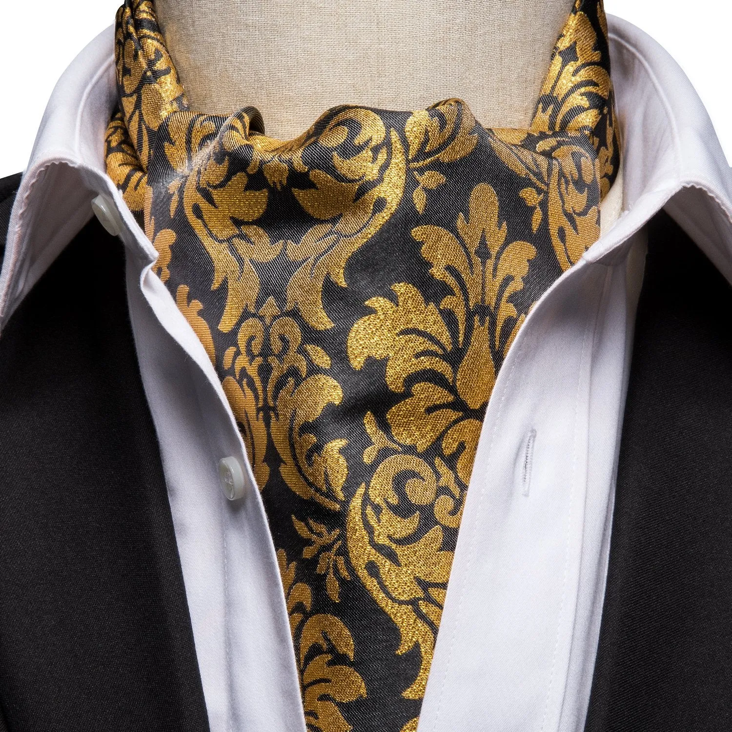 Hi-Tie Black Golden Floral Ascot Tie Pocket Square Cufflinks Set