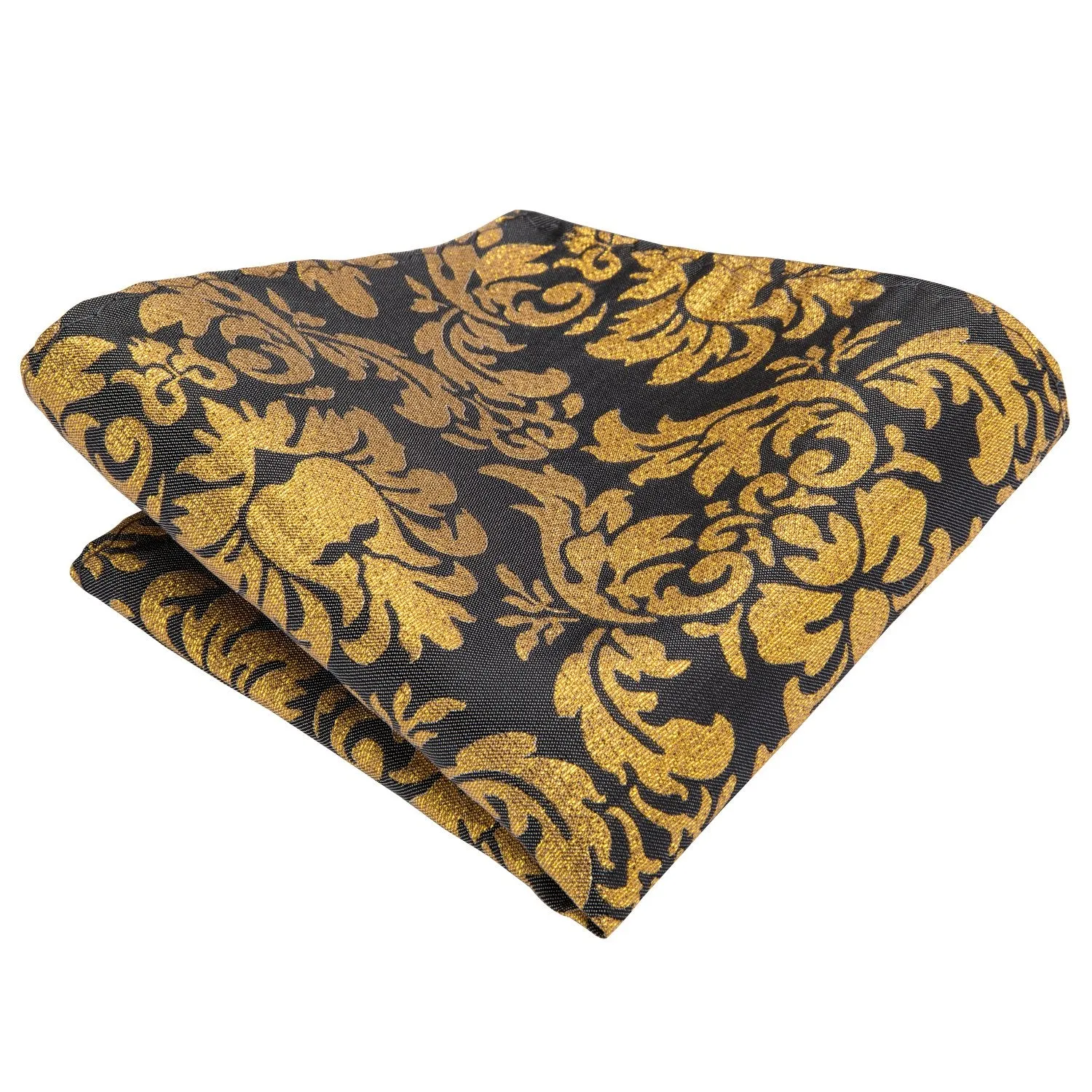 Hi-Tie Black Golden Floral Ascot Tie Pocket Square Cufflinks Set