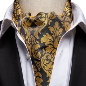 Hi-Tie Black Golden Floral Ascot Tie Pocket Square Cufflinks Set