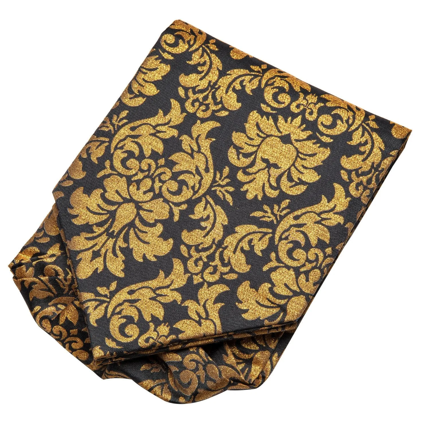 Hi-Tie Black Golden Floral Ascot Tie Pocket Square Cufflinks Set