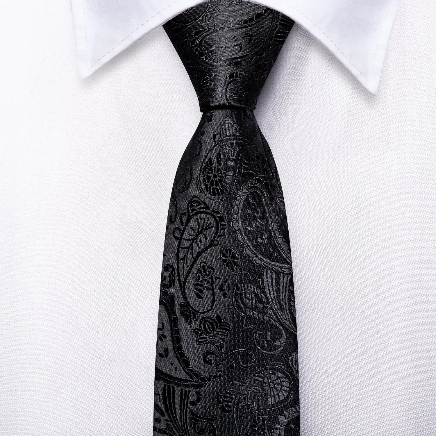 Hi-Tie Black Paisley Silk Children Neck Tie Pocket Square for Kids