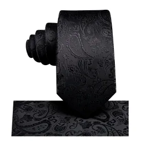 Hi-Tie Black Paisley Silk Children Neck Tie Pocket Square for Kids