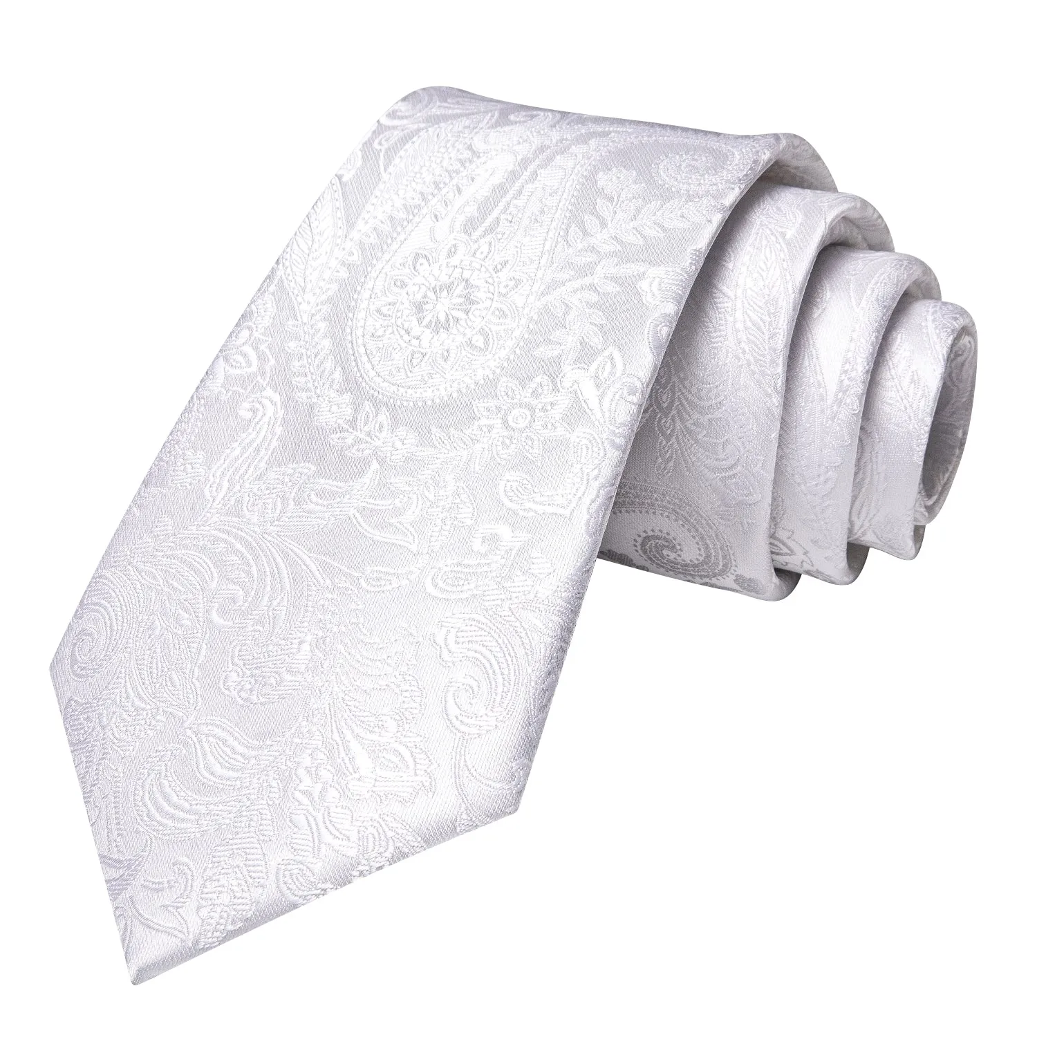 Hi-Tie Pure White Floral Men's Necktie Pocket Square Cufflinks Set