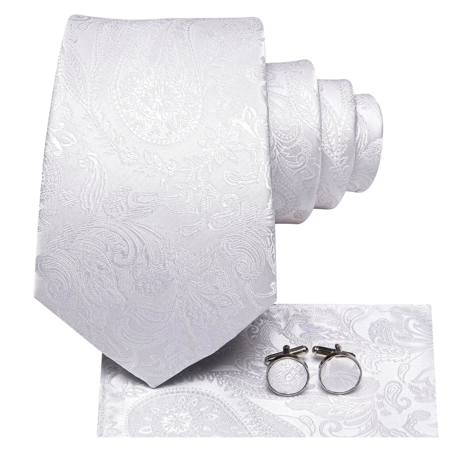 Hi-Tie Pure White Floral Men's Necktie Pocket Square Cufflinks Set