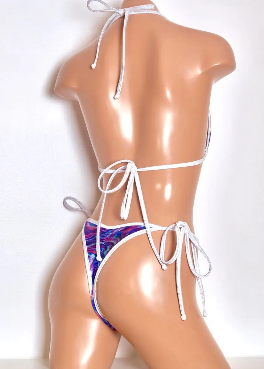Hologram Triangle Bikini Top and Tie-Side Bottoms in Blue Swirl with White Hologram Trim