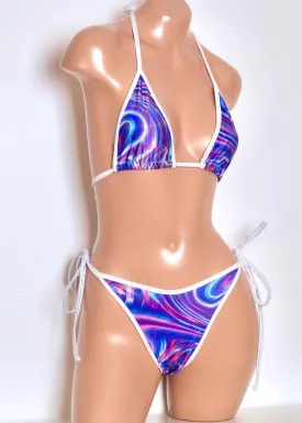 Hologram Triangle Bikini Top and Tie-Side Bottoms in Blue Swirl with White Hologram Trim