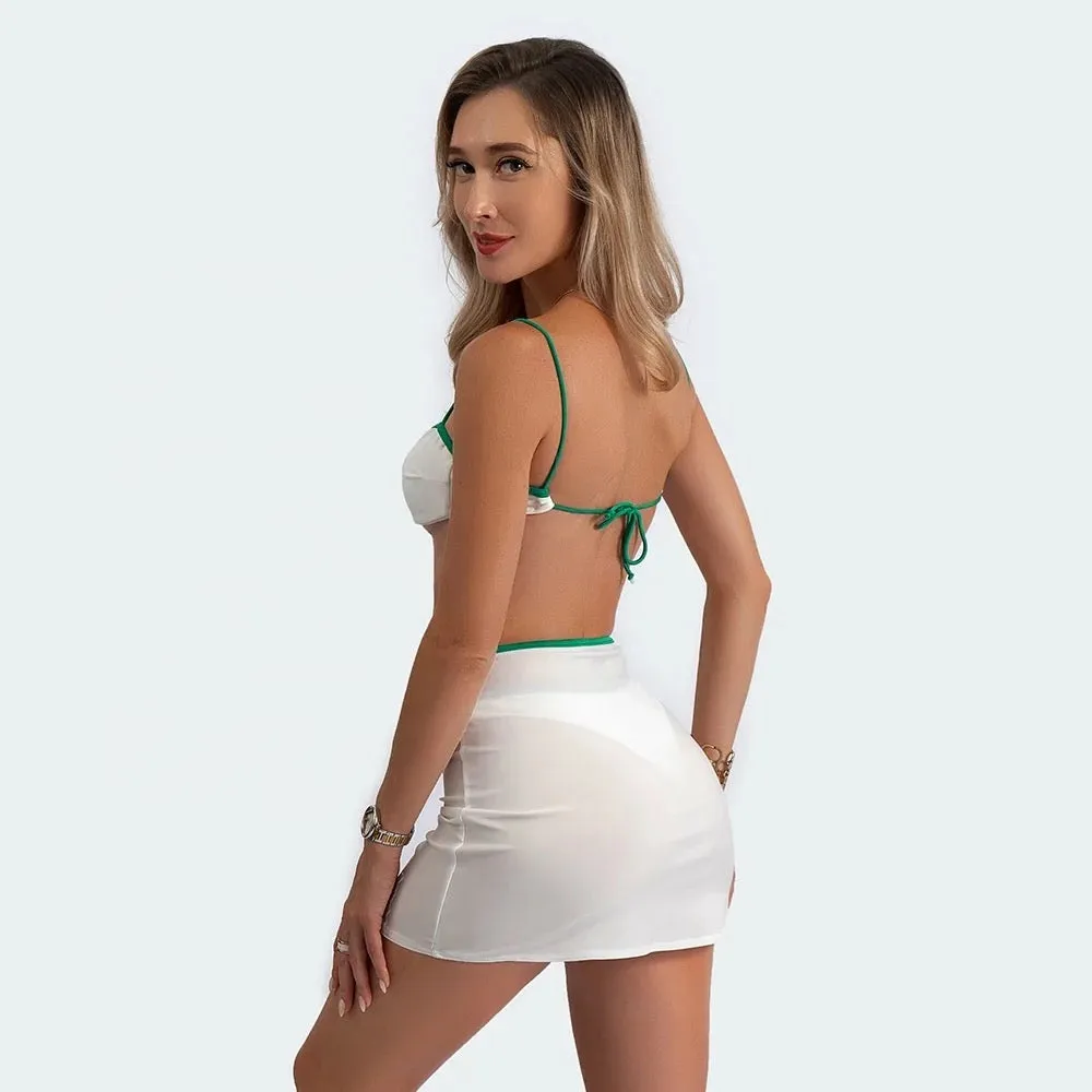 Ibiza Babe 3 Piece Bikini Set in White and Green