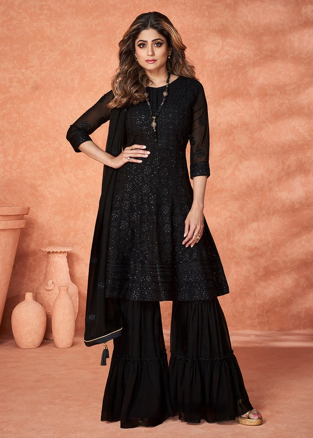 Imposing Black Gharara Style Wedding Festive Suit