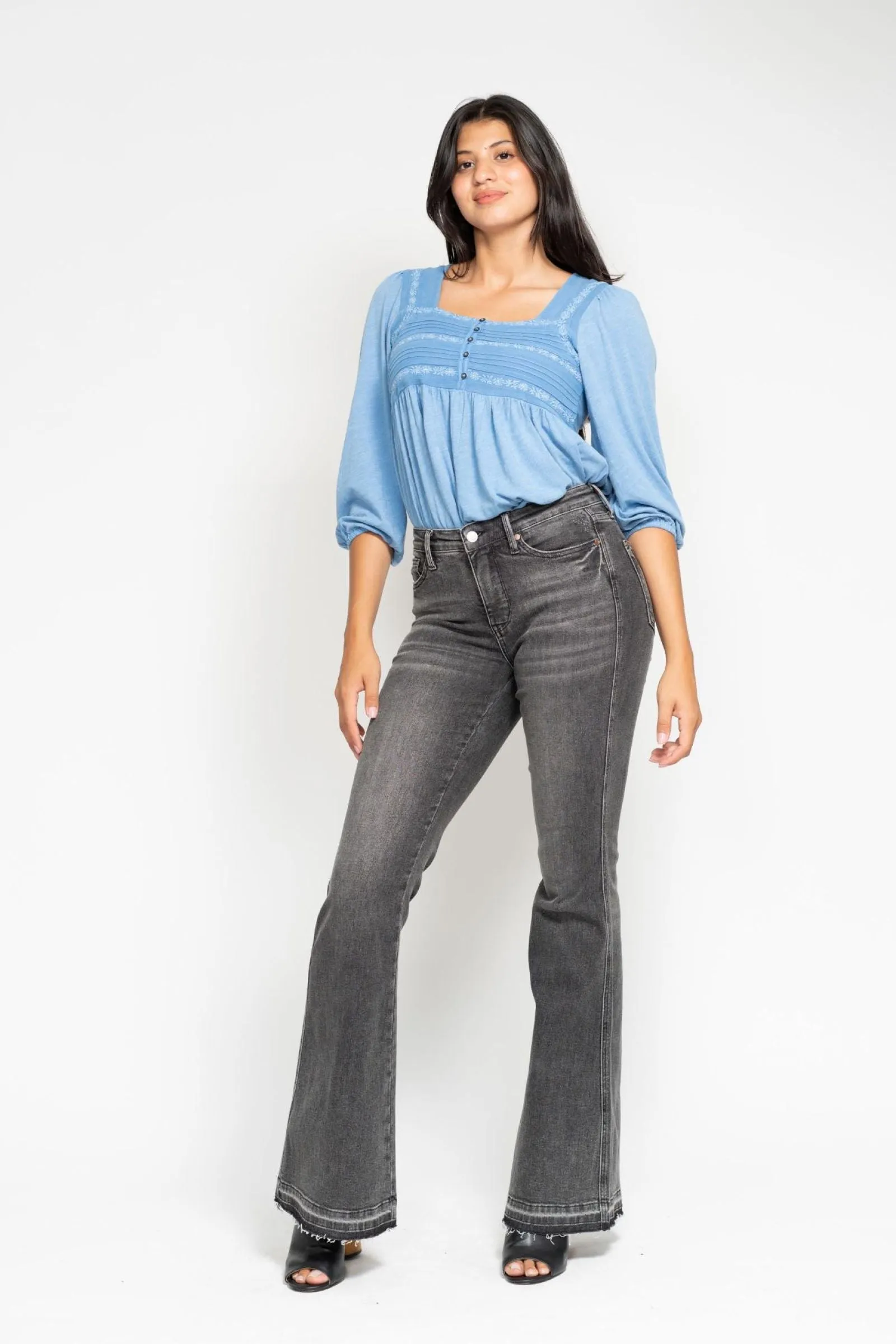 Judy Blue Mid Rise Tummy Control Washed Gray Release Hem Flare Denim 88880