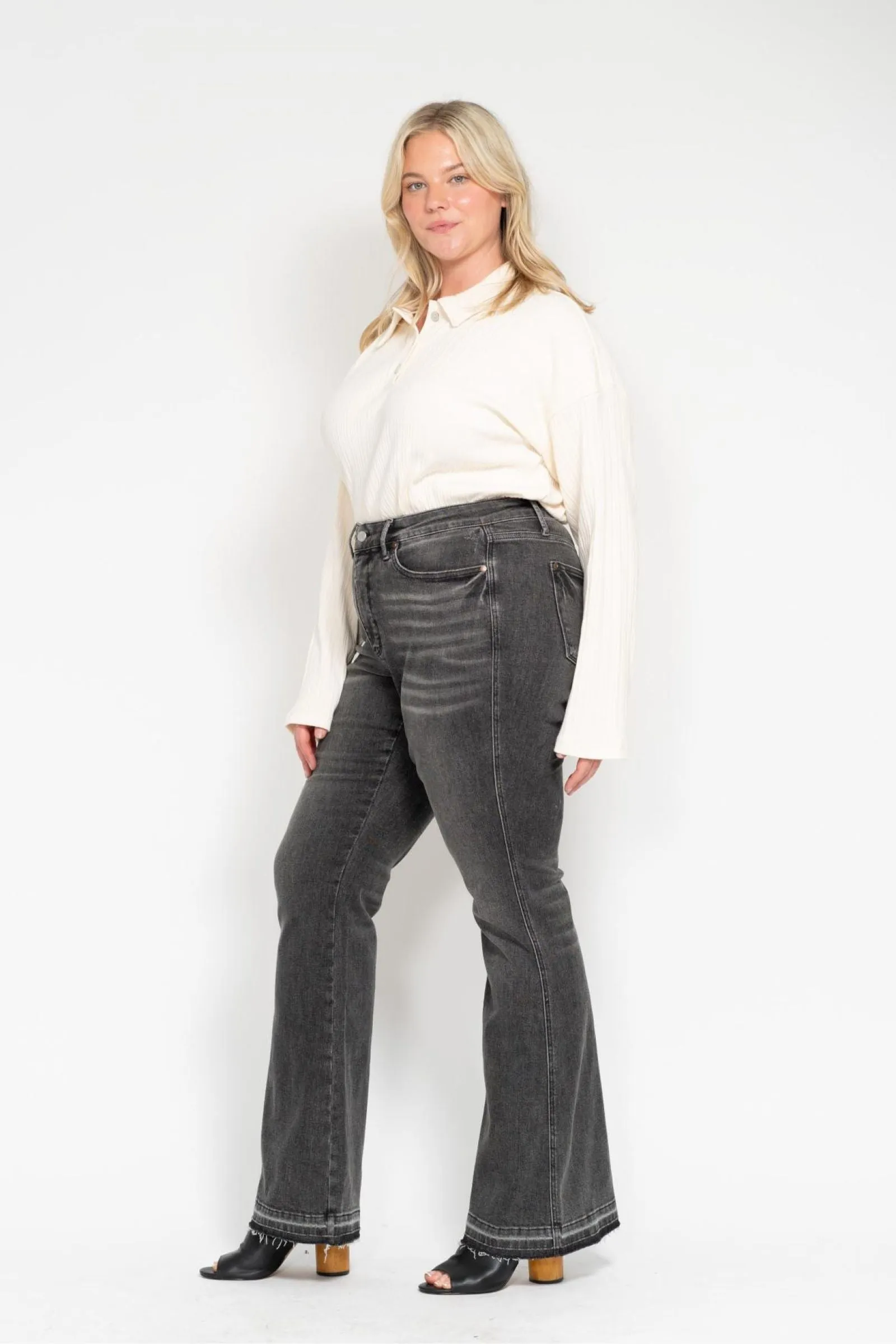 Judy Blue Mid Rise Tummy Control Washed Gray Release Hem Flare Denim 88880