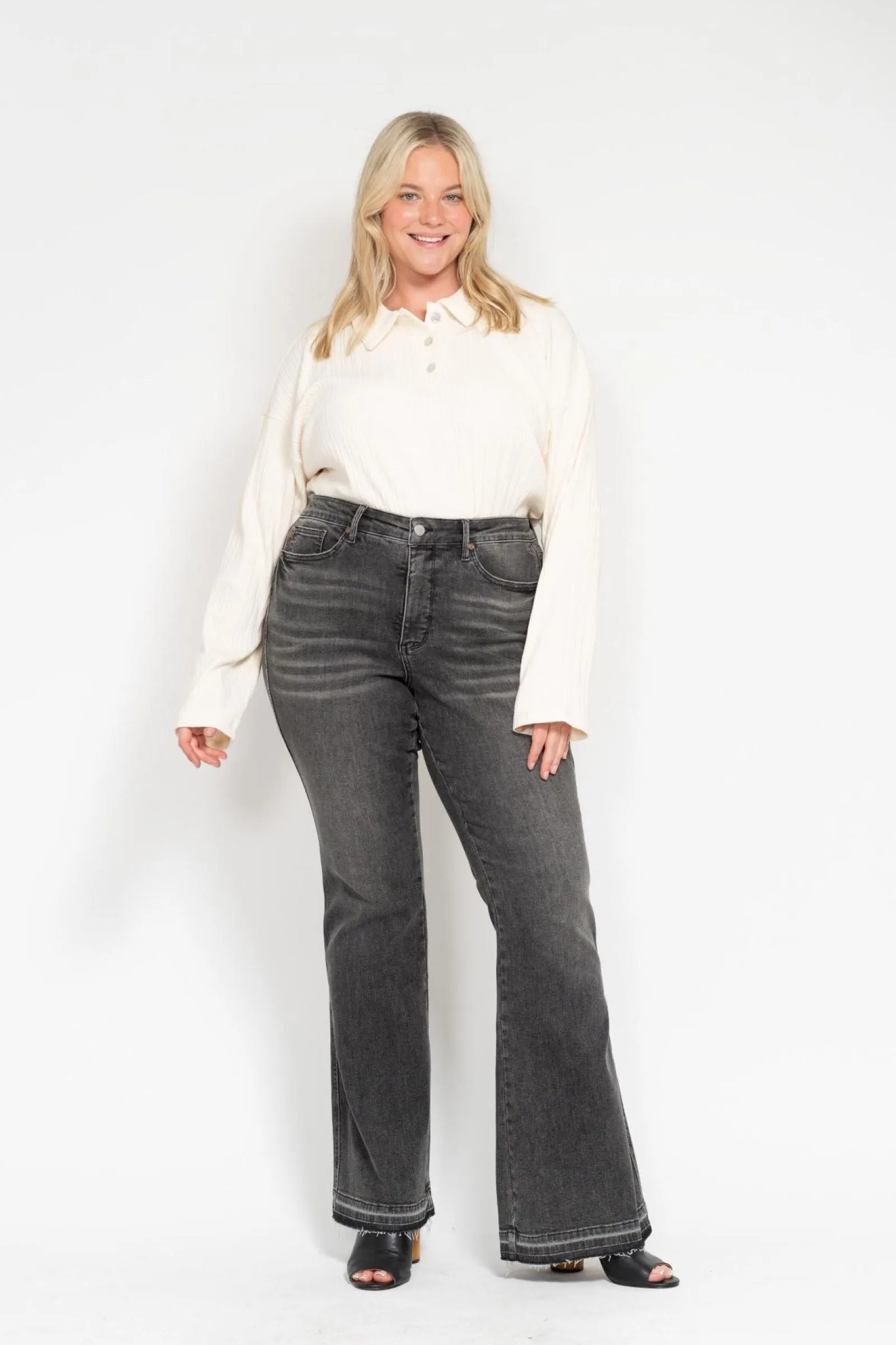 Judy Blue Mid Rise Tummy Control Washed Gray Release Hem Flare Denim 88880