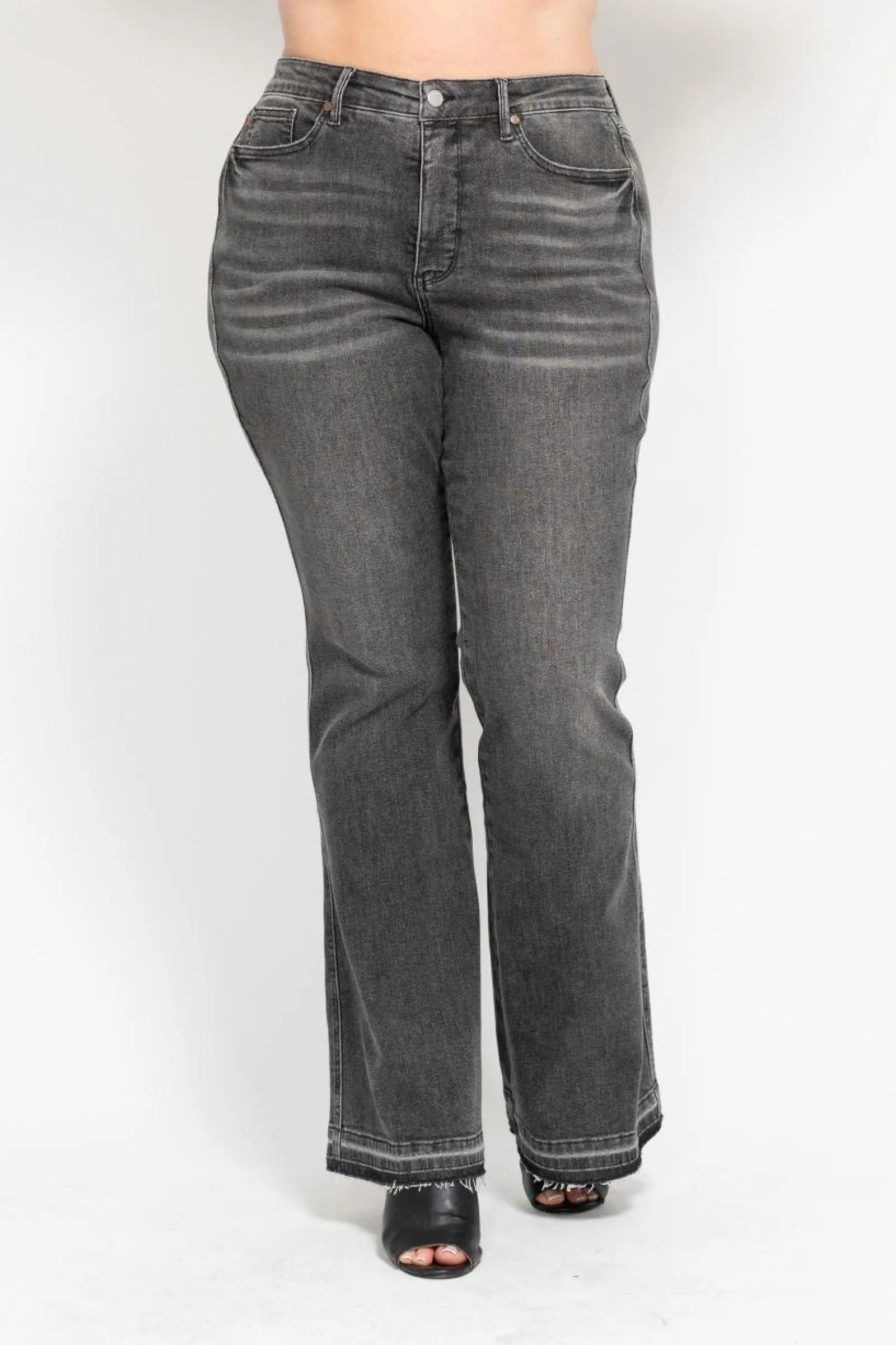 Judy Blue Mid Rise Tummy Control Washed Gray Release Hem Flare Denim 88880
