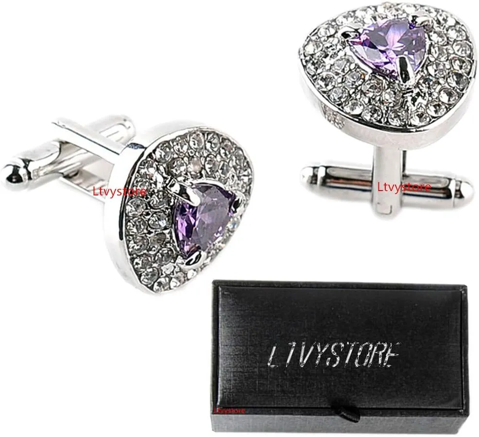 Luxury Purple Crystal White Rhinestones Heart Cufflinks for Women Shirt, Ltvystore Jewelry Trendy Geometric Cuff links Buttons with Box