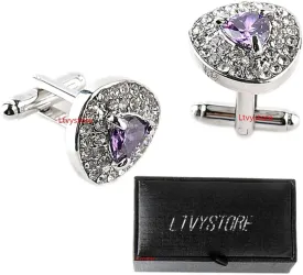 Luxury Purple Crystal White Rhinestones Heart Cufflinks for Women Shirt, Ltvystore Jewelry Trendy Geometric Cuff links Buttons with Box