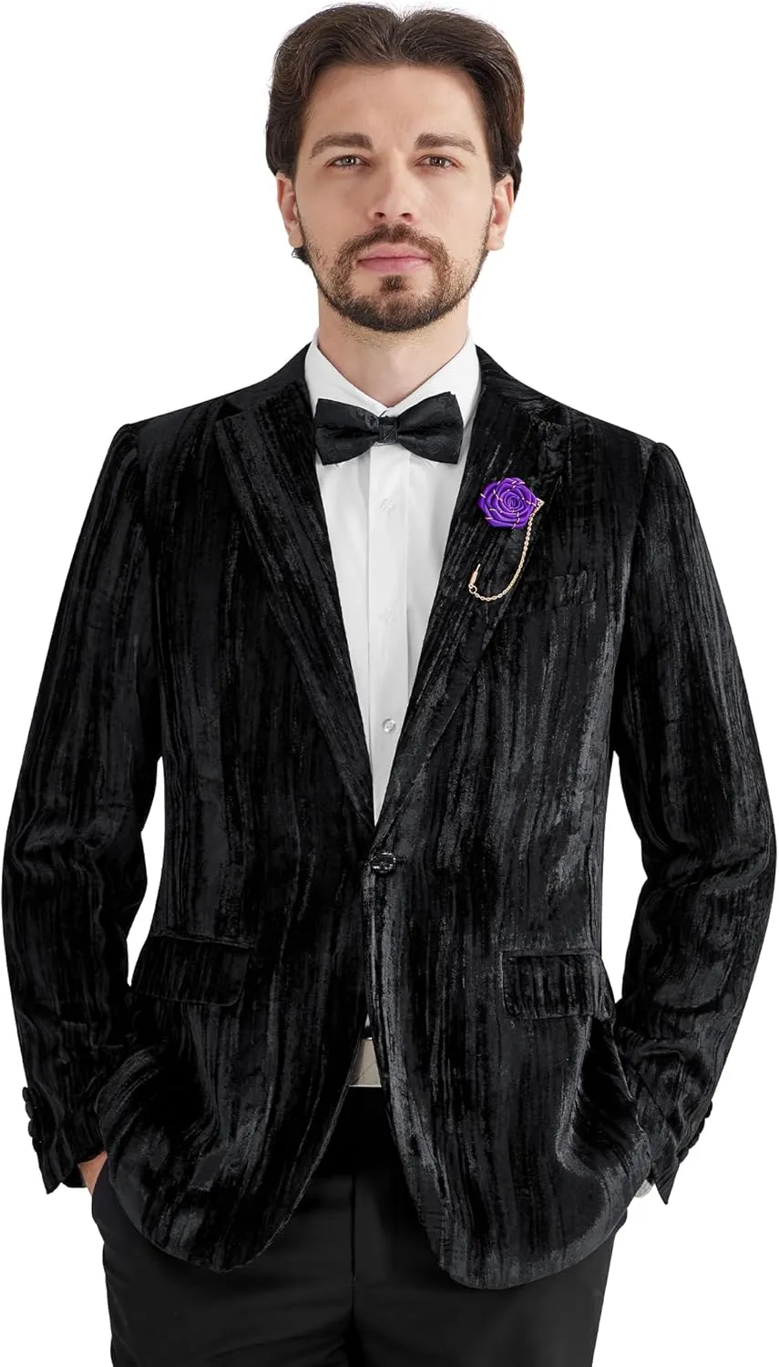 MAGE MALE Men's Velvet Tuxedo Jacket Vintage Print One Button Notched Lapel Slim Fit Blazer Prom Party Suit Coat