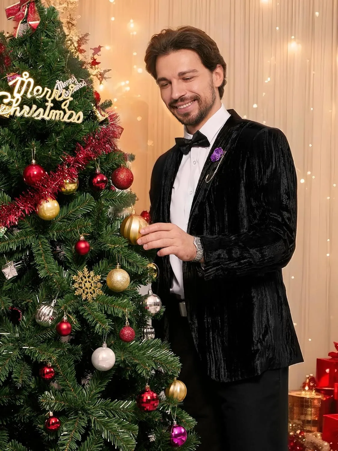 MAGE MALE Men's Velvet Tuxedo Jacket Vintage Print One Button Notched Lapel Slim Fit Blazer Prom Party Suit Coat