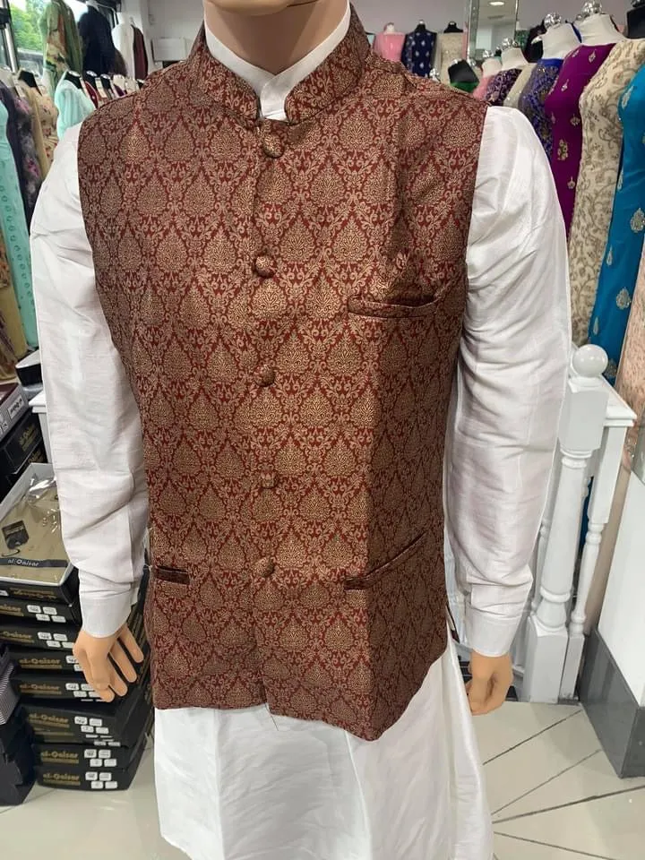 Maroon With Gold Men's Brocade Waistcoat