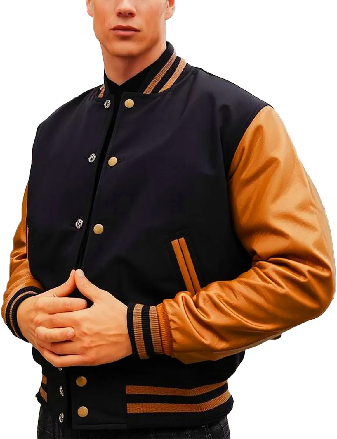 Mens Black Leather Letterman Varsity Collage Baseball Jacket - High School Jacket