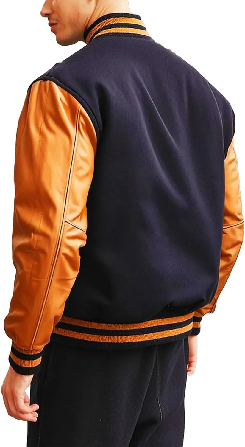 Mens Black Leather Letterman Varsity Collage Baseball Jacket - High School Jacket