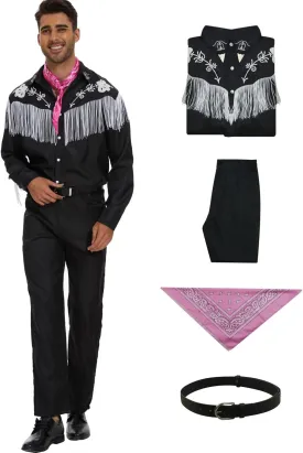 Mens Cowboy Costume Movie Cosplay Black Suit Western Cowboy Fringe Shirt Pants Scarf Set Halloween Party Outfits