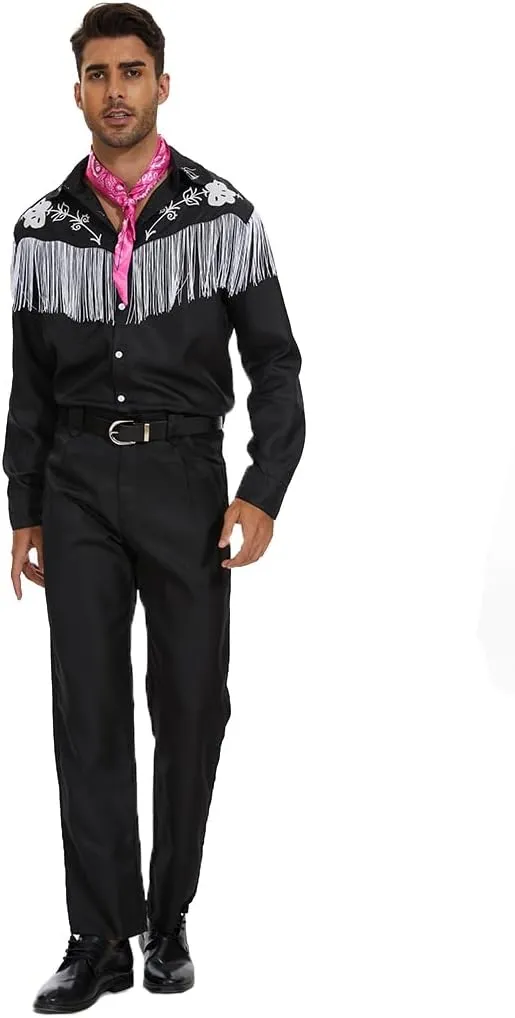 Mens Cowboy Costume Movie Cosplay Black Suit Western Cowboy Fringe Shirt Pants Scarf Set Halloween Party Outfits