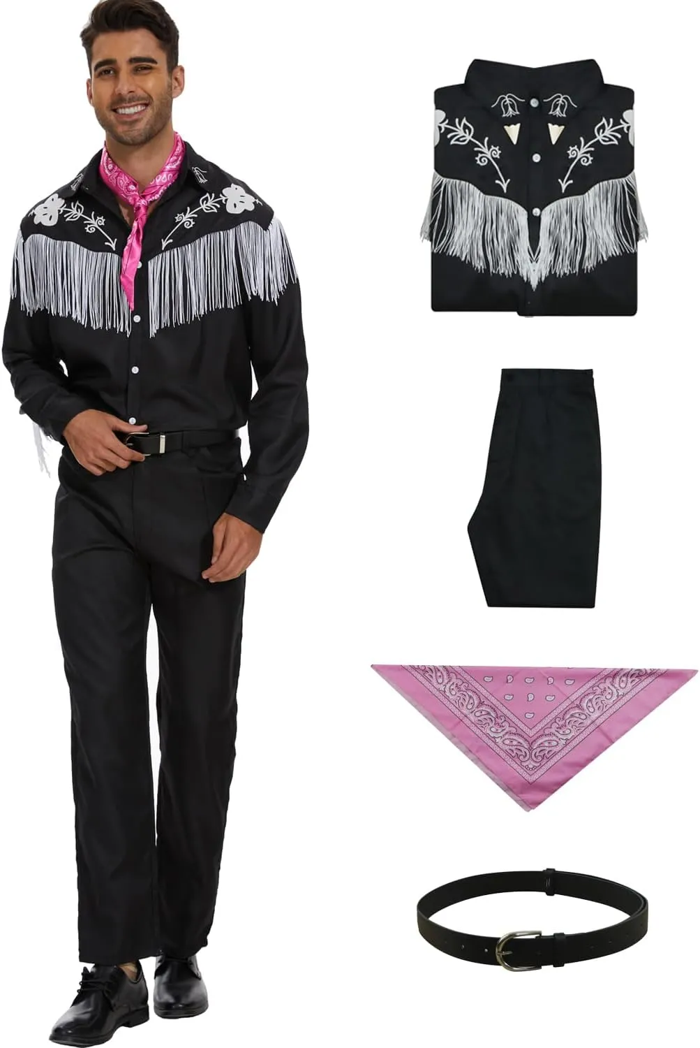 Mens Cowboy Costume Movie Cosplay Black Suit Western Cowboy Fringe Shirt Pants Scarf Set Halloween Party Outfits