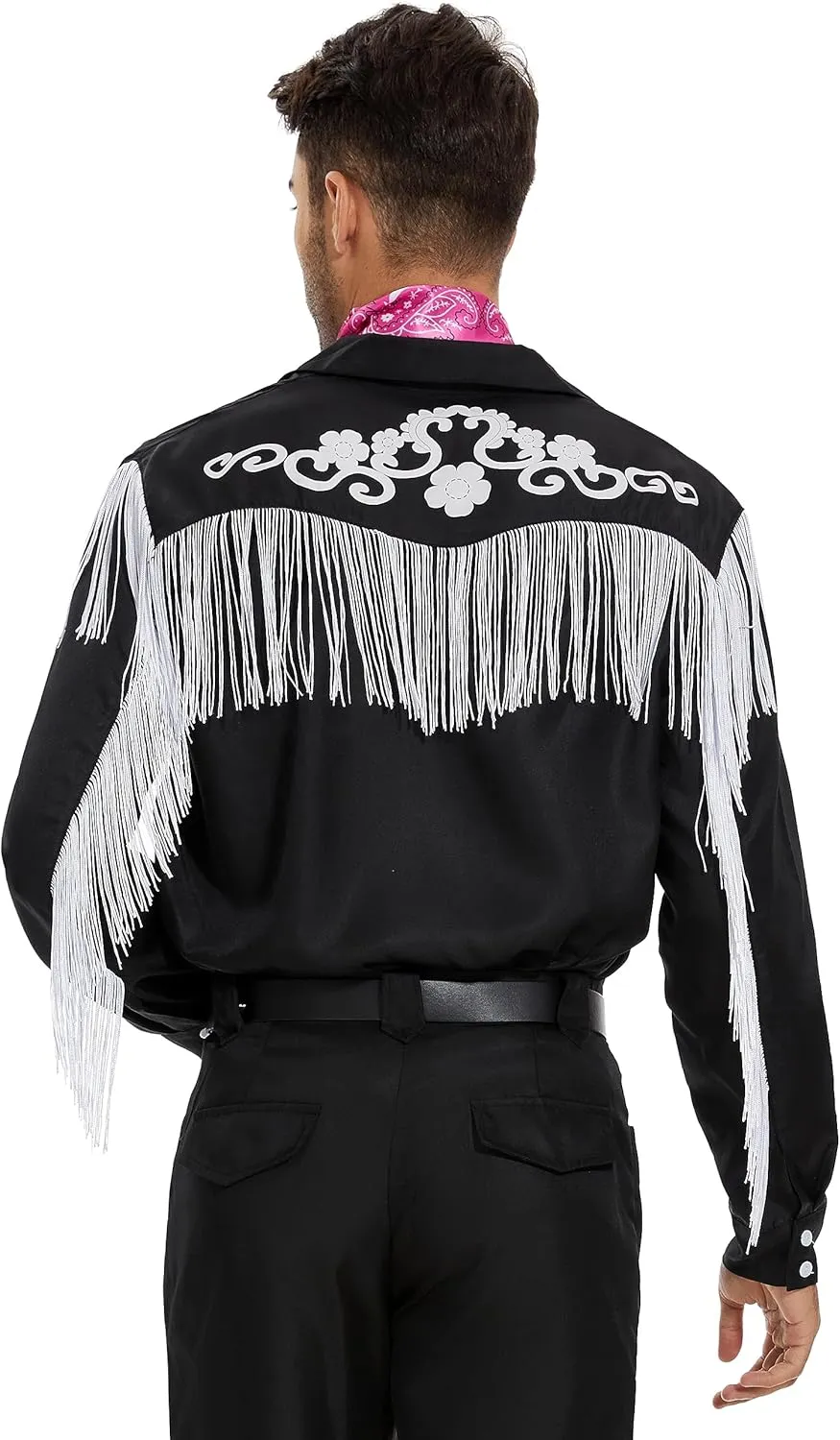 Mens Cowboy Costume Movie Cosplay Black Suit Western Cowboy Fringe Shirt Pants Scarf Set Halloween Party Outfits