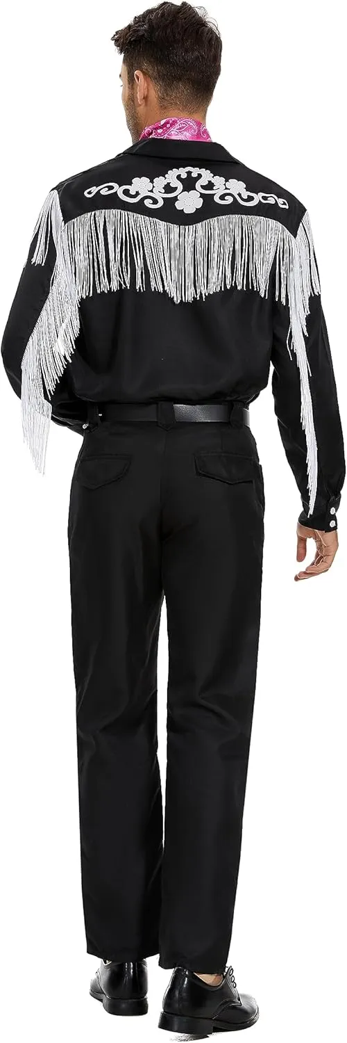 Mens Cowboy Costume Movie Cosplay Black Suit Western Cowboy Fringe Shirt Pants Scarf Set Halloween Party Outfits