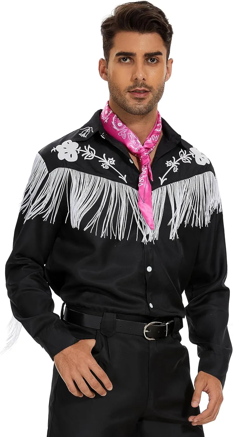 Mens Cowboy Costume Movie Cosplay Black Suit Western Cowboy Fringe Shirt Pants Scarf Set Halloween Party Outfits