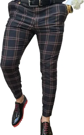 Men's Dress Pants Plaid Skinny Slim Fit Dress Pants Stretch Regular Fit Business Casual Fashion Golf Pencil Chinos Pants