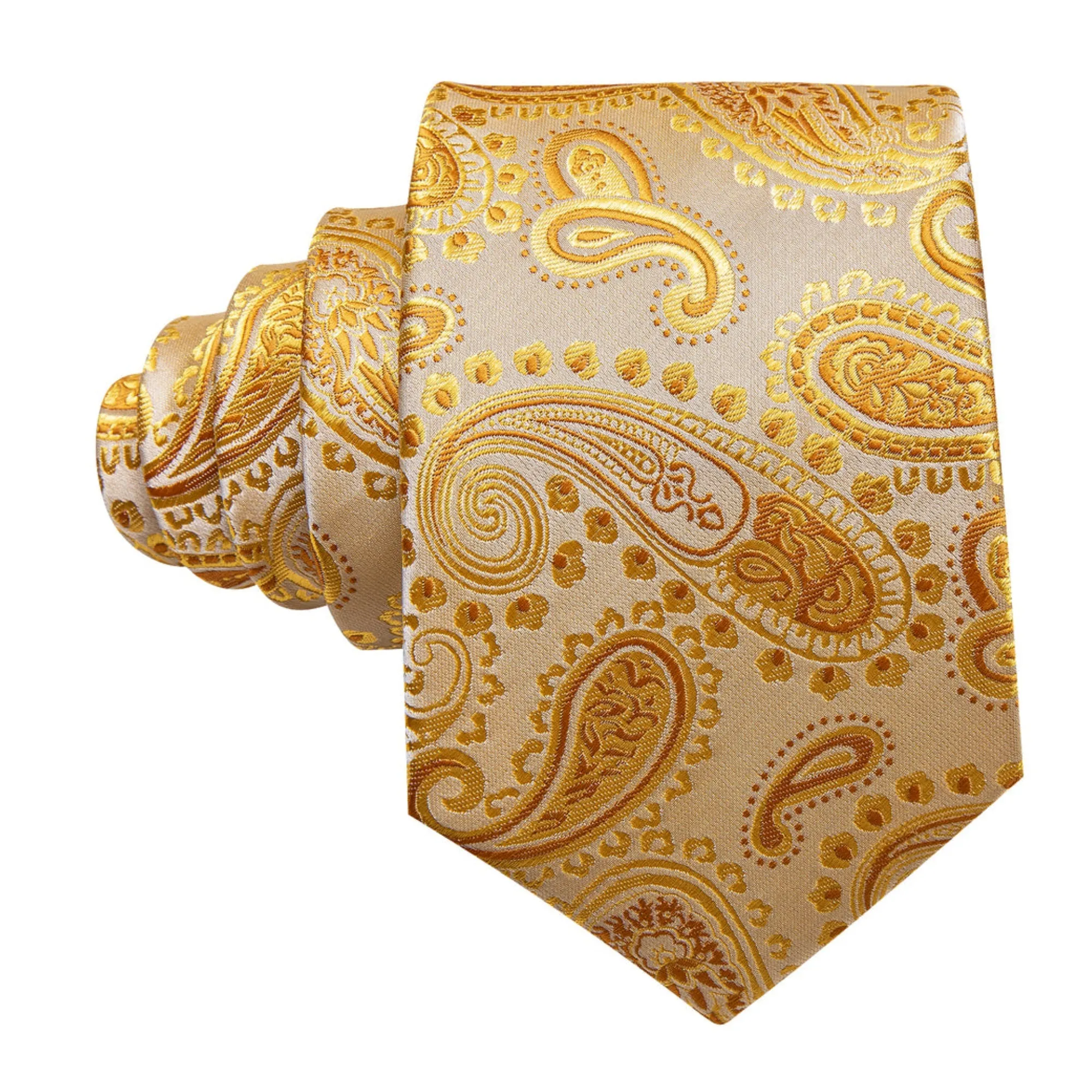 Men's Gold Paisley 100% Silk Neck Tie With Matching Hanky And Cufflinks Set