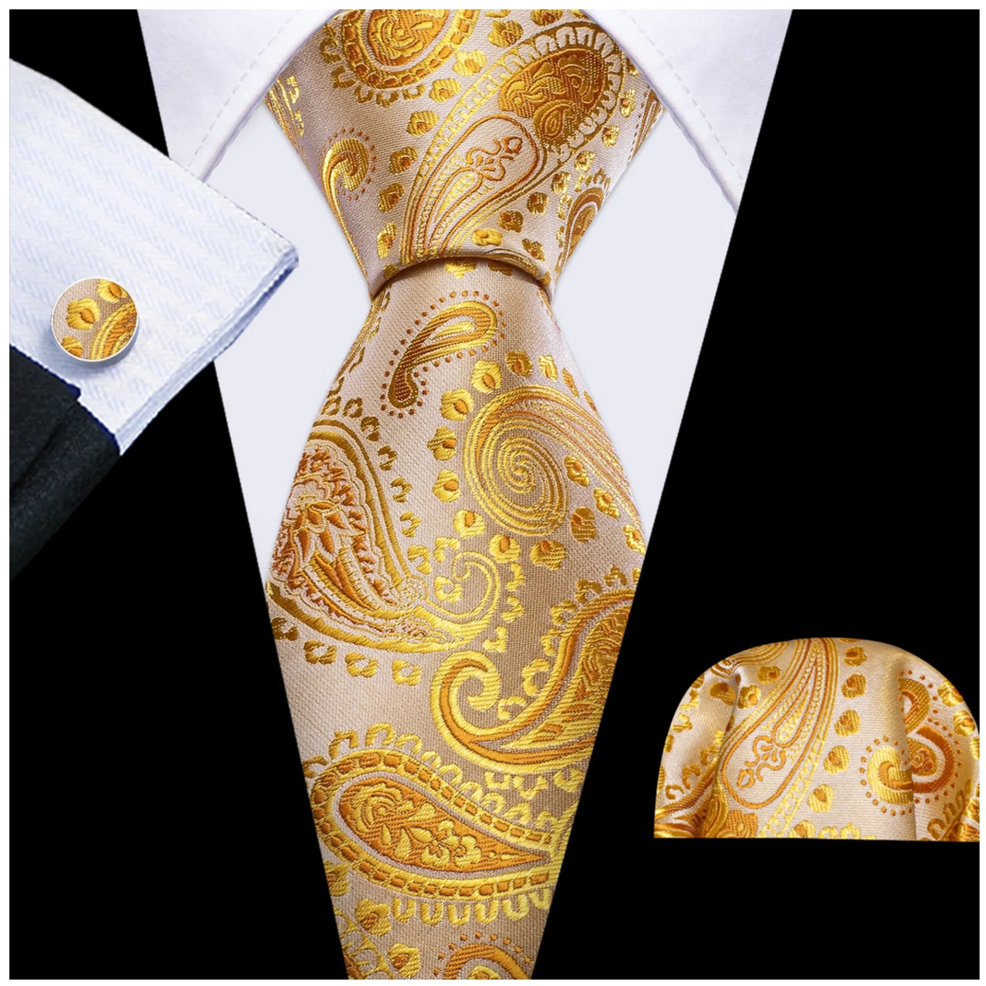 Men's Gold Paisley 100% Silk Neck Tie With Matching Hanky And Cufflinks Set